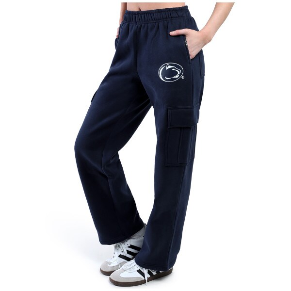 model wearing women's navy cargo sweatpants with Penn State Athletic Logo